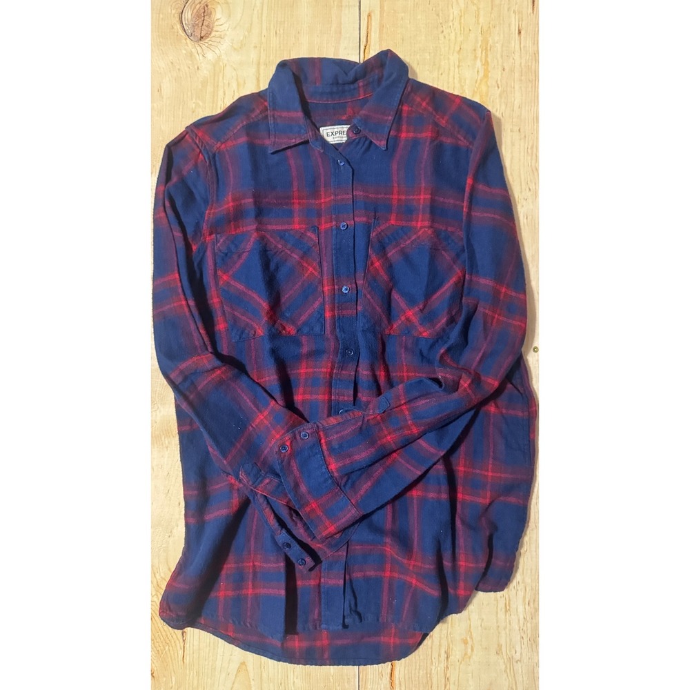 Express Boyfriend Flannel Shirt Womens Small Navy Blue Red‎ Plaid Button Up Top